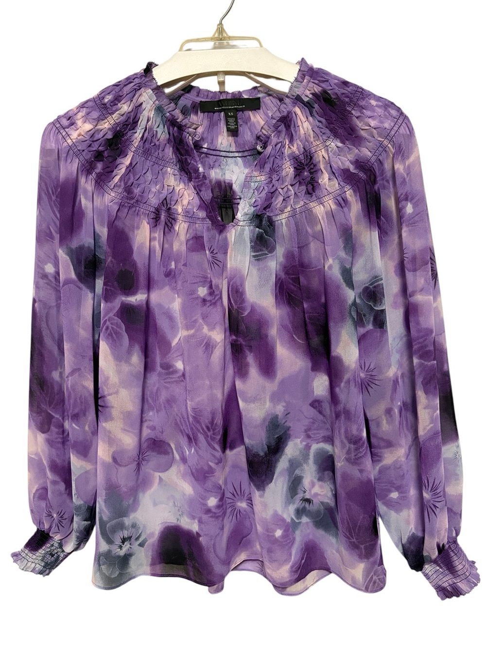 WHITE HOUSE BLACK MARKET Purple Floral Long Sleeve Smocked Blouse XS